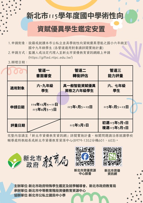 新北市115學年度國民中學學術性向資賦優異學生鑑定安置工作實施計畫圖片