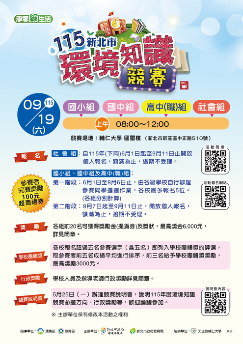 一、依據本市環境保護局115年5月19日新北環規字第1150953599號函辦理。 二、115年新北市環境知識競賽訂於115年9月19日（星期六）假天主教輔仁大學辦理（6月1日至9月11日受理報名），競賽為分國小組、國中組、高中（職）組及社會組4組，請至環境部知識競賽網站（https://www.moenveec.com.tw）進行報名，本市報名期間如下： (一)國小組、國中組及高中（職）組： １、第一階段：自115年（下同）6月1日（星期一）至9月6日（星期日），開放各級學校報名，各校於各組最多報名5位（各組分別計算）。 ２、第二階段：自9月7日（星期一）起至9月11日（星期五），開放個人報名，額滿為止，逾期不受理。 (二)社會組（含大專院校）：自6月1日（星期一）起至9月11日（星期五）開放個人報名，額滿為止，逾期不受理。 三、當日完賽者皆可獲100元超商禮券，各組前20名可獲得提貨券或獎金之獎勵，前5名得代表本市參加環境部115年11月14日（星期六）於國立高雄科技大學第一校區舉辦之全國賽；另學校人員及指導老師亦有行政獎勵，競賽詳情請參閱簡章。 四、為讓市民、學生、指導師長、學校行政人員瞭解115年度環境知識競賽規則、命題方向、相關獎勵等，該局特辦理「115年新北市環境知識競賽說明會」，說明如下： (一)時間：5月25日（星期一）下午2時至4時。 (二)地點：新北市政府5樓511會議室(新北市板橋區中山路1段161號)。 (三)參與對象：新北市各級學校，含國小、國中、高中（職）及大專院校（五專1~3年級）之指導師長與行政人員以及具參賽資格之民眾。 (四)報名方式：採線上網路報名，自115年5月19日起至115年5月22日，至新北市政府環境保護局網站報名/「115 年新北市環境知識競賽說明會」填寫報名表（https://pse.is/93mmrp）。 (五)本說明會同步開放線上參加，連結資訊https://meet.google.com/bcb-usdk-nbe或https://meet.google.com/uxu-dnxg-dtp 。 五、檢送競賽簡章、說明會簡章及宣傳單各1份。