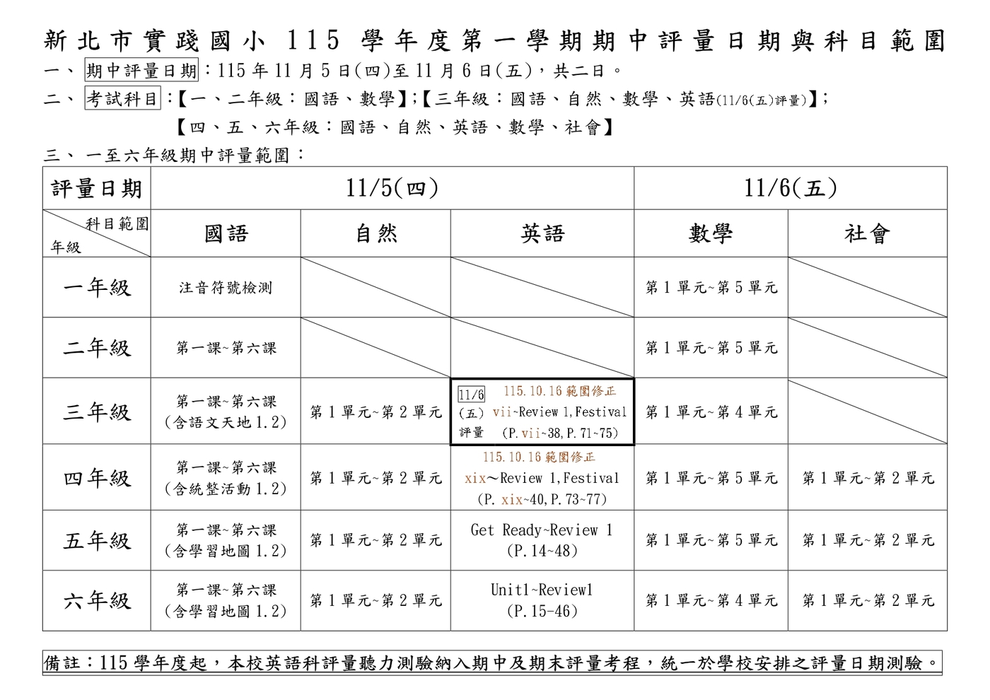 115學年度第一學期期中評量日期與科目範圍