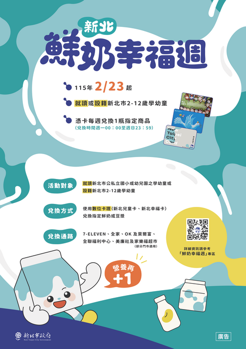 鮮奶幸福週政策重點說明 （一）可兌換對象 •	2 至 12 歲，具備以下任一資格之學幼童： o	就讀新北市 公私立小學或幼兒園（具學籍） o	戶籍設於新北市 📌 年齡認定： •	自 生理年齡滿 2 歲當月 起 •	至 小學畢業當年度 7 月 31 日 止 （二）兌領內容與時間 •	每位學童 每週可兌領 1 瓶指定乳品 •	可選擇品項（依通路實際提供為準）： o	鮮奶 o	豆漿（提供乳糖不耐症學童替代選擇） o	優酪乳（僅部分通路提供） •	兌領時間： o	每週一 00:00 起至週日 23:59 止 o	當週未兌領 不累積至下週 o	寒暑假期間亦可兌領 （三）兌領地點 •	政策合作通路之 全臺門市（含離島）： o	便利商店：7-ELEVEN、全家、萊爾富、OK o	超市：全聯、美廉社、家樂福（部分超市）圖片