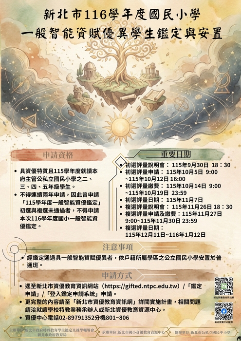 新北市116學年度國民小學一般智能資賦優異學生鑑定及安置