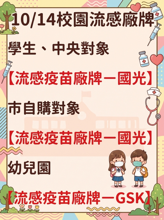 115年10月14日(三) 校園流感廠牌  學生、中央對象 【流感疫苗廠牌一國光】 市自購對象 【流感疫苗廠牌一國光】 幼兒園 【流感疫苗廠牌一GSK】
